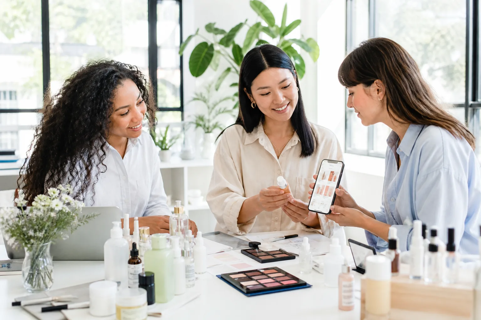 Bright beauty product workshop with founders reviewing cosmetics samples and an app prototype