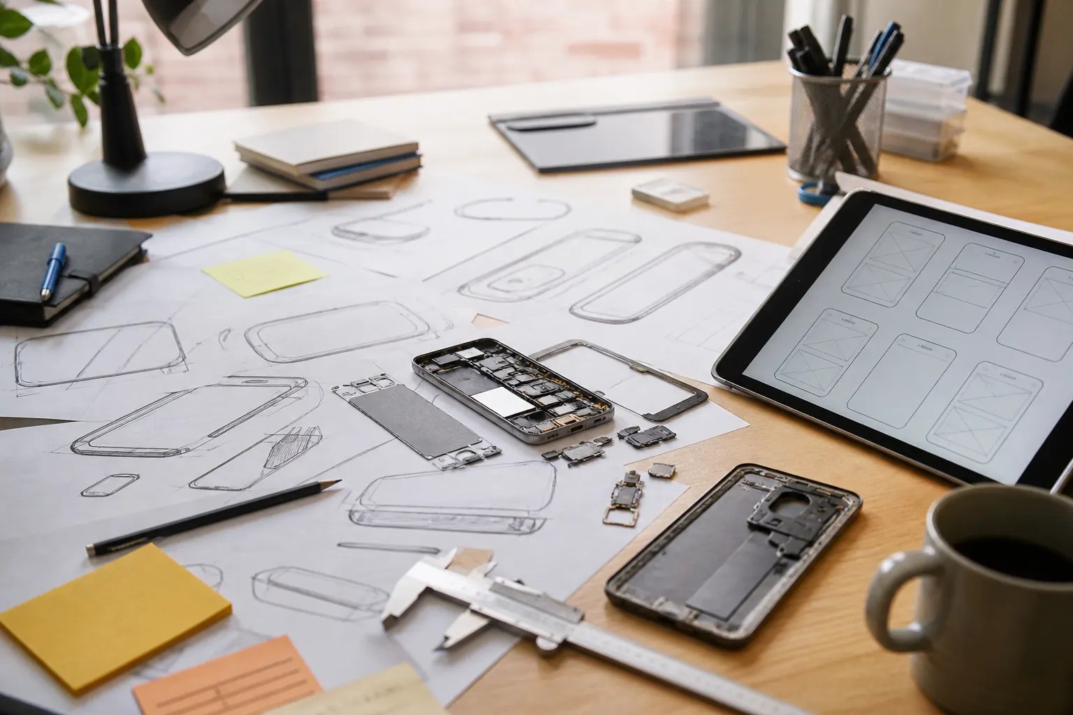 Bright studio table with electronics sketches, gadgets, and a tablet showing a shopping app wireframe