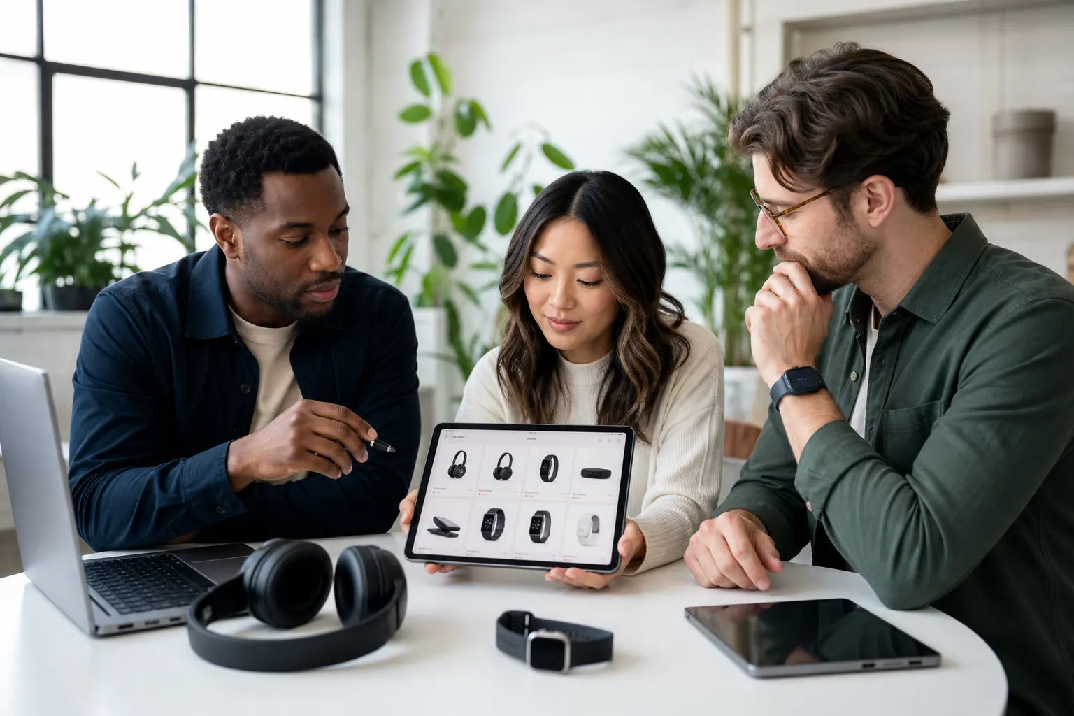 Product team reviewing electronics samples, laptops, and a shopping app prototype in a bright workshop