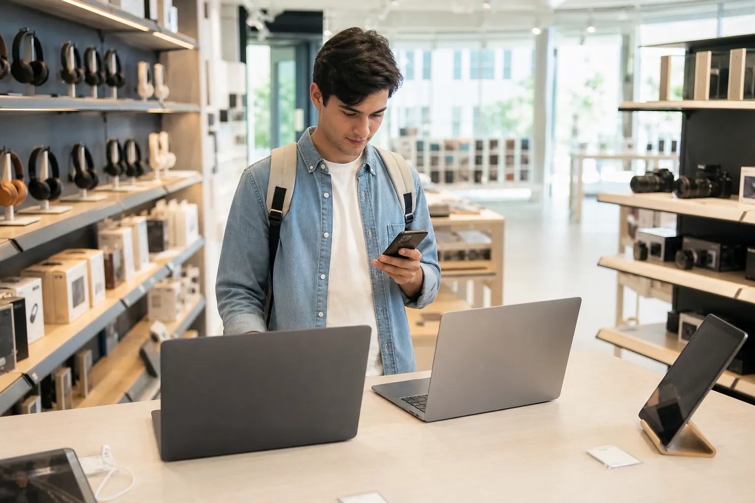 Shopper comparing laptops and phones in a bright electronics store using a mobile shopping app