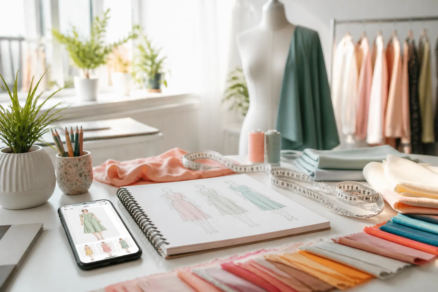 Bright fashion studio table with sketches, fabric swatches, and a mobile app concept