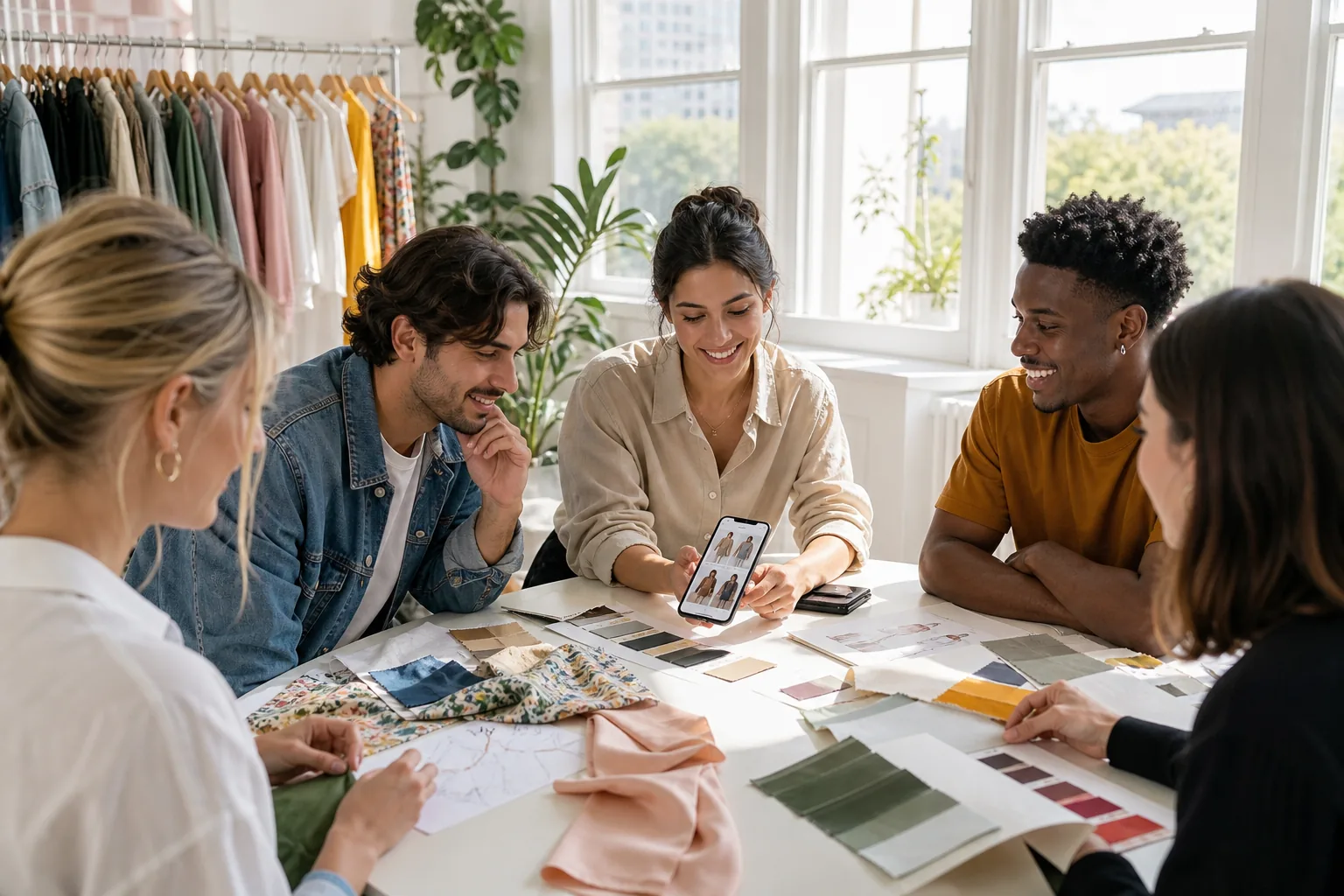 Bright fashion product workshop with designers reviewing clothing samples and a shopping app prototype
