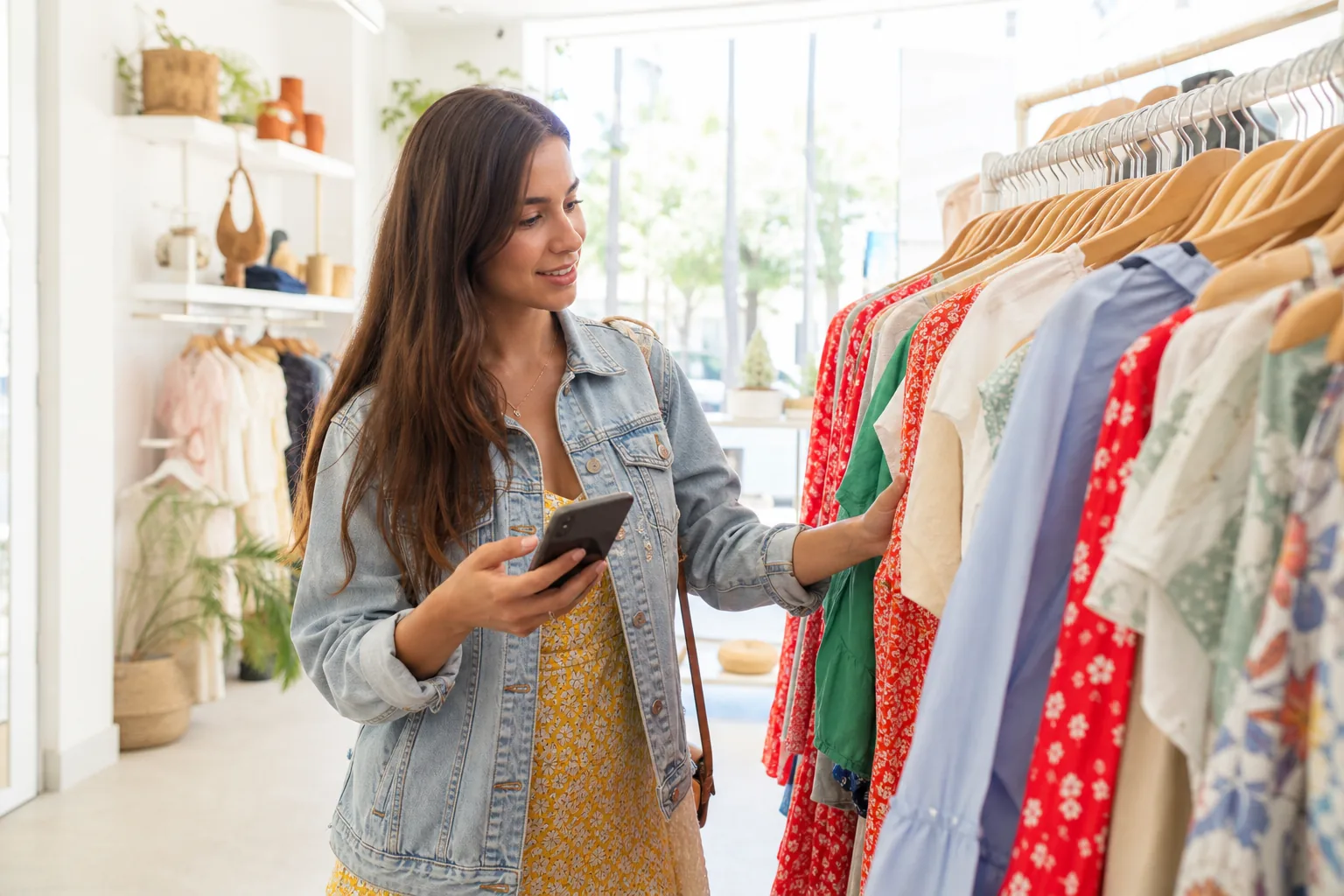Bright fashion shopping app with colorful apparel, wishlists, and mobile checkout