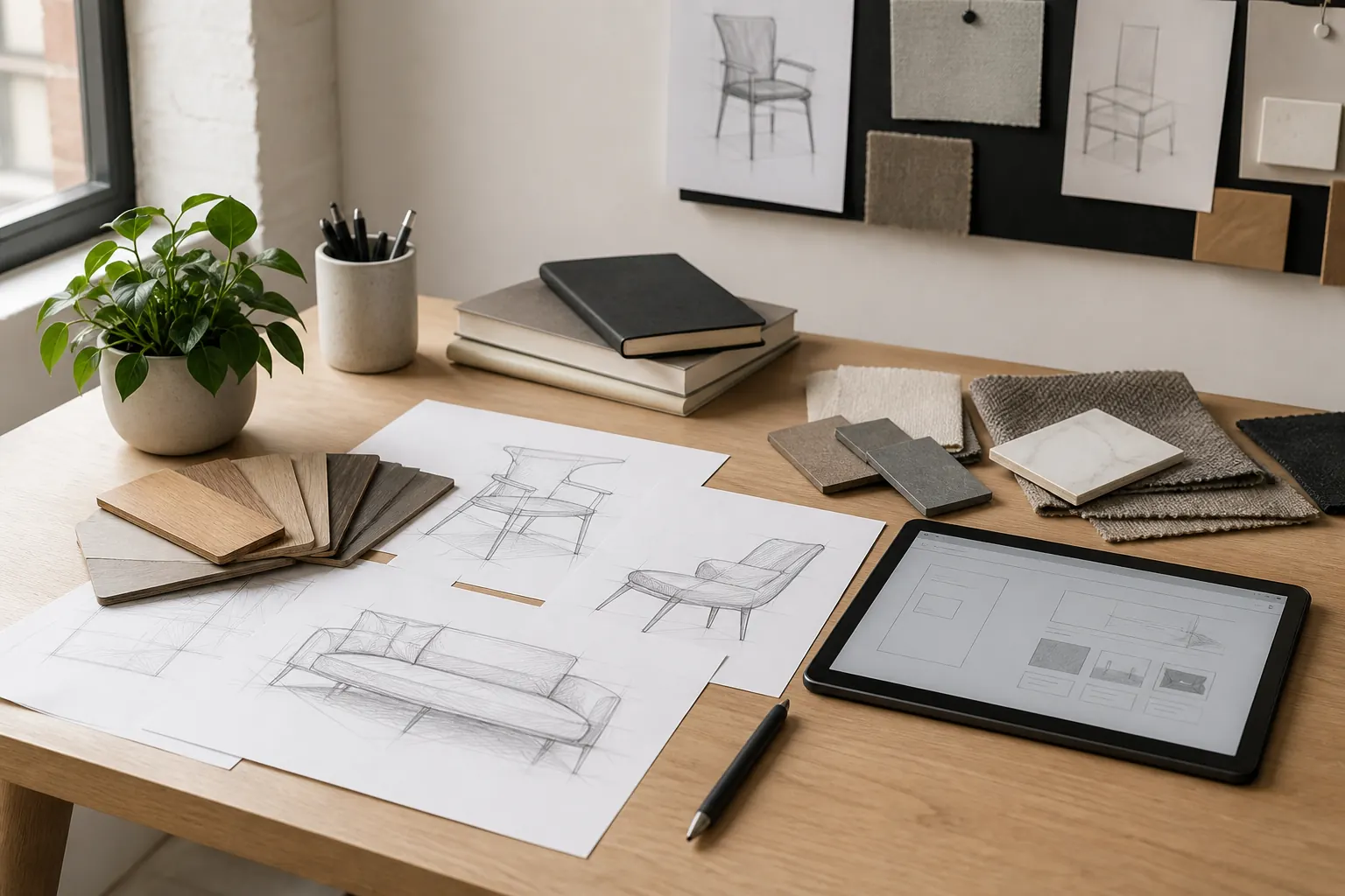 Bright studio table with furniture sketches, material samples, and a home app wireframe