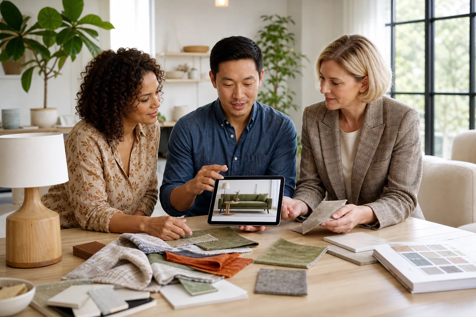Product team reviewing furniture samples, fabric swatches, and a home shopping app prototype