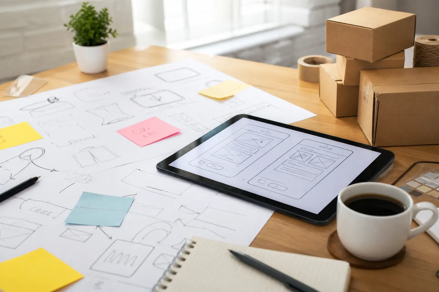 Bright studio table with marketplace sketches, packages, and a tablet showing buyer and seller wireframes